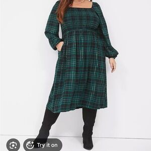 Lane Bryant Green and Navy Plaid Long Sleeve Dress